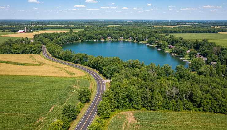 Overhead view of a two-lane road leading toward a tree-lined Indiana lake