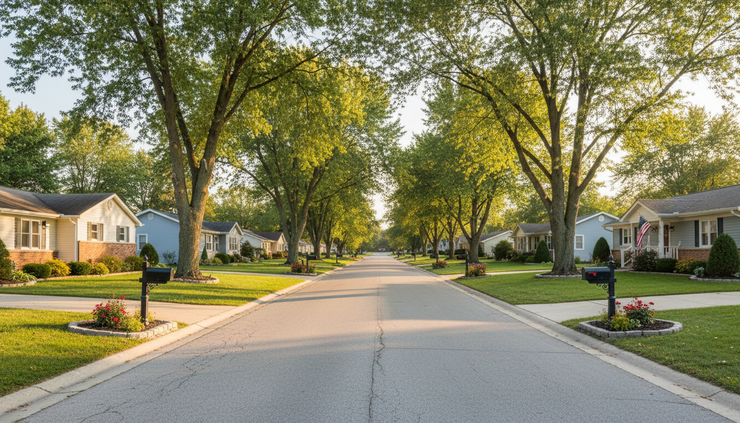 Eye-level view of a residential street with ranch homes in Fremont Indiana.
