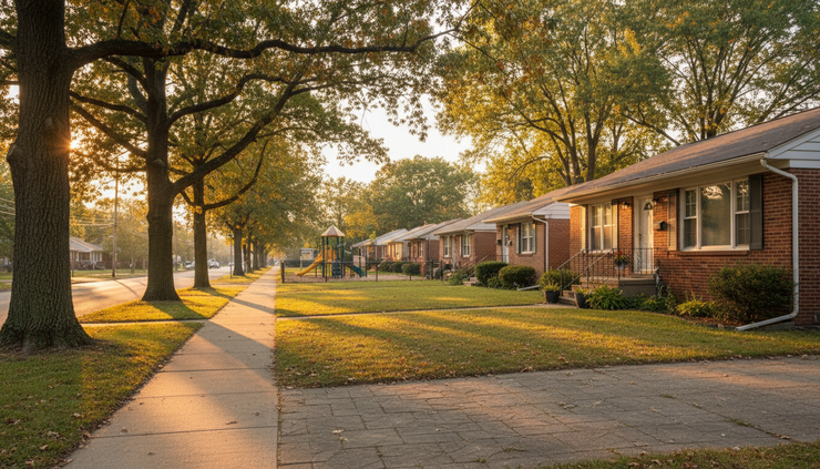 Street-level view of a quiet neighborhood with sidewalks, trees, and homes in the background