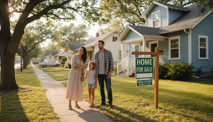 Eye-level view of a family looking at a modest house from the sidewalk.