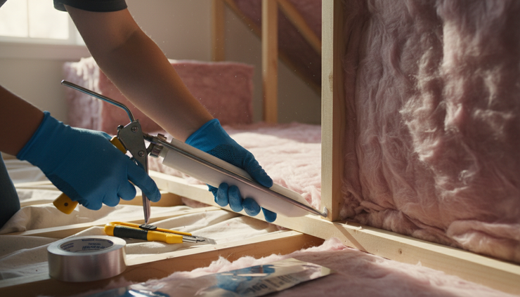 Close-up view of a worker sealing insulation around an attic access panel