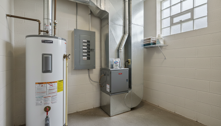 Eye-level view of a tidy utility area with clear access to a water heater and electrical panel.