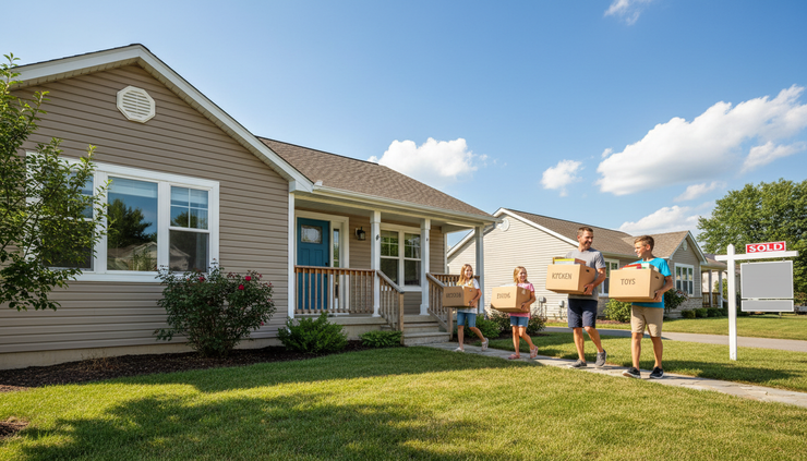 Eye-level view of a family carrying moving boxes toward a sunny front porch