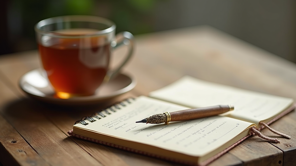 Close-up view of a journal and a cup of herbal tea on a wooden table