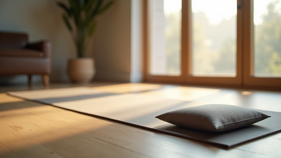 Close-up view of a yoga mat and meditation cushion arranged in a peaceful corner