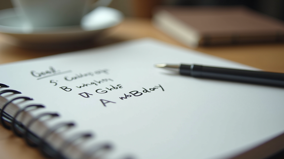 Close-up view of a notebook with goal-setting notes and a pen