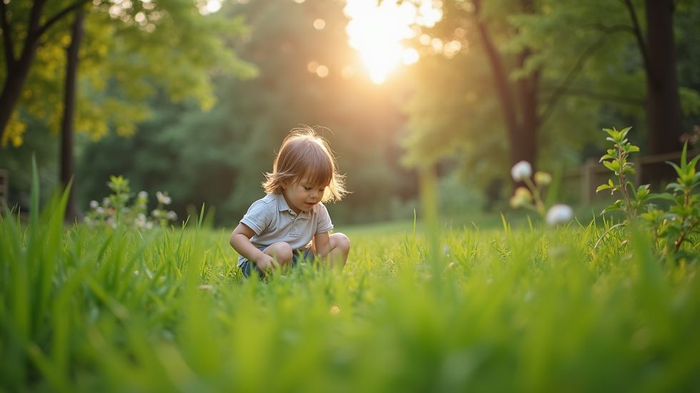 Eye-level view of a child exploring a lush green garden