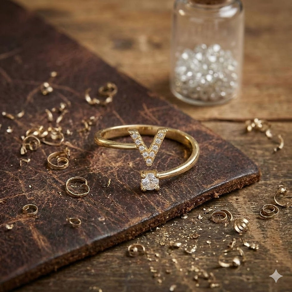 Bague dorée en forme de V ornée de diamants, collier acier inoxydable Maison Argÿel.