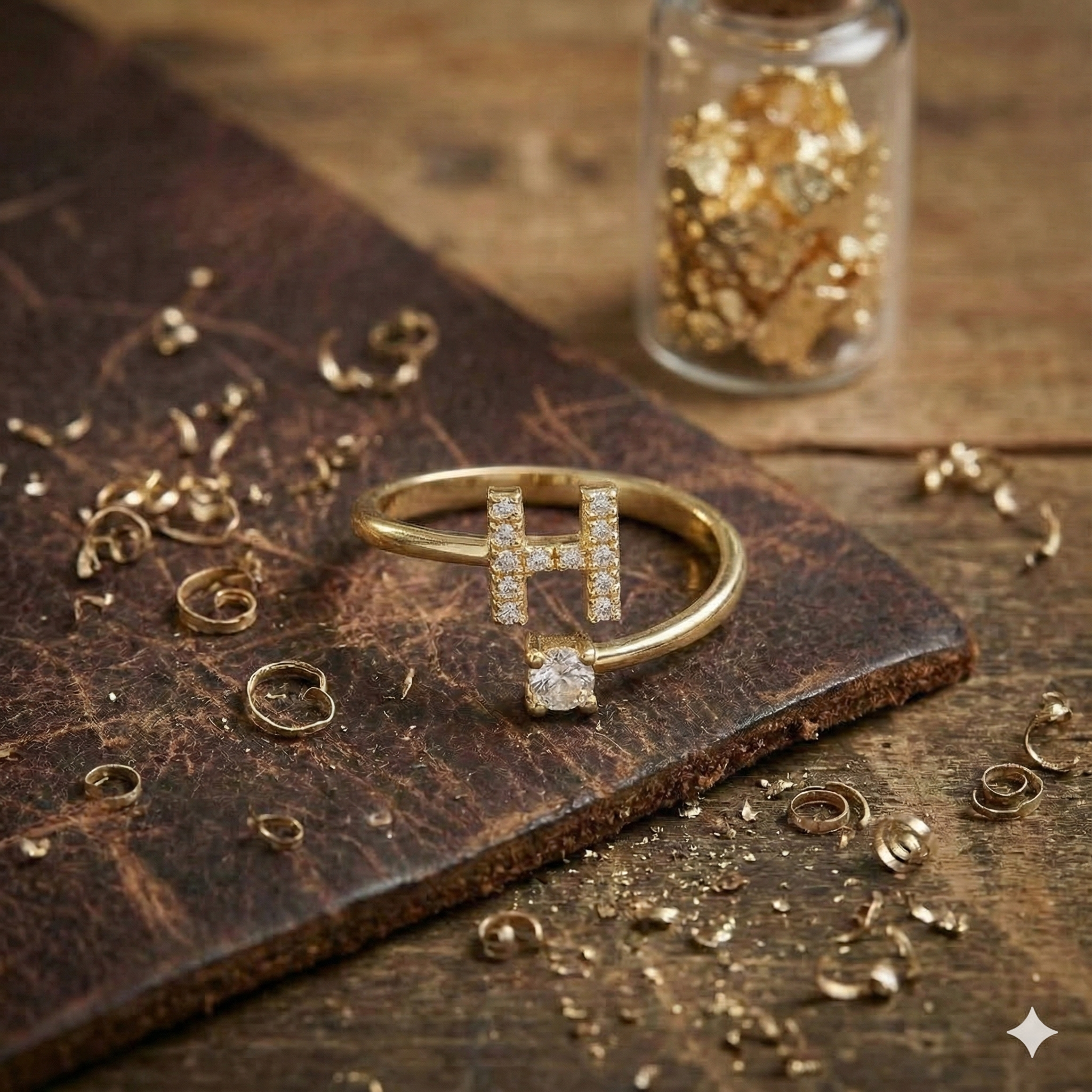 Bague en or avec la lettre H et diamant, détails et Maison Argÿel.