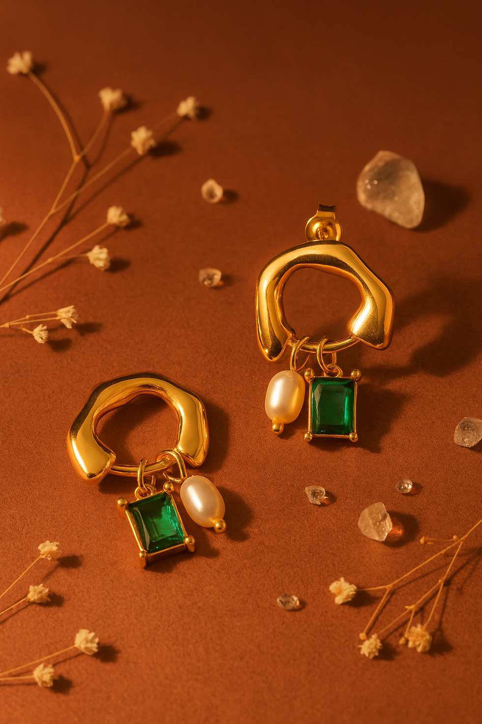 Boucles Émeraude et Perle Doré 18K l Maison Argÿel, earrings with green emeralds and pearls.