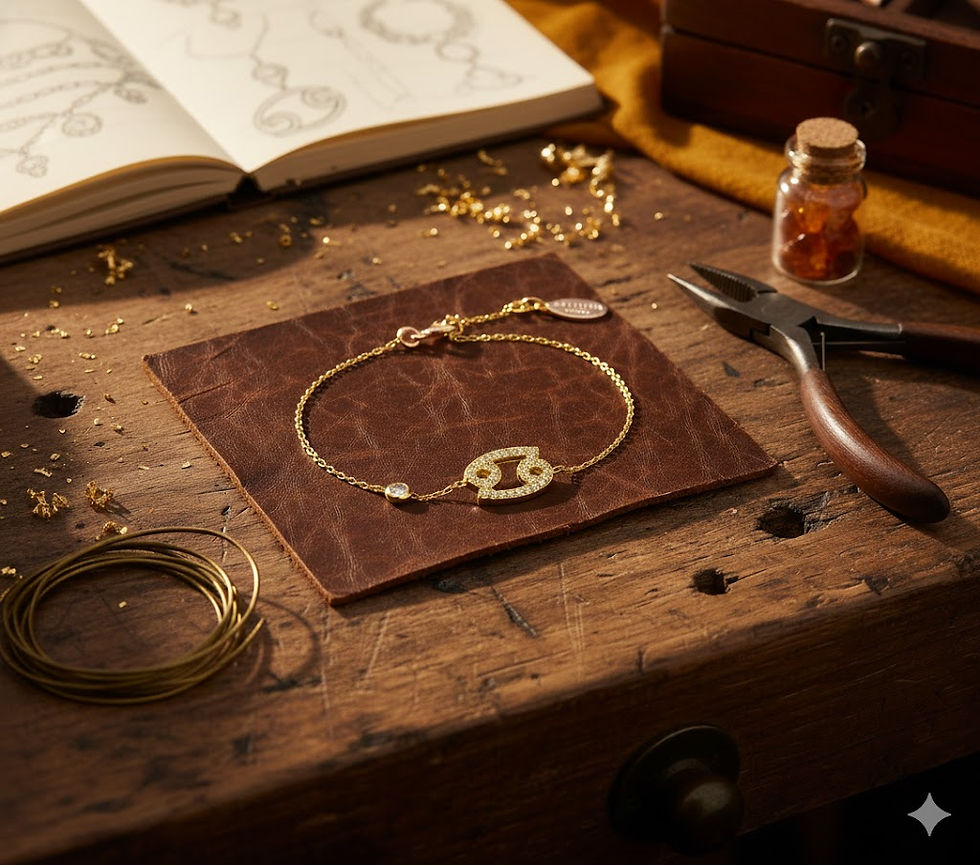 Bracelet doré Cancer sur cuir, collier acier inoxydable, Maison Argÿel, bijouterie artisanale.