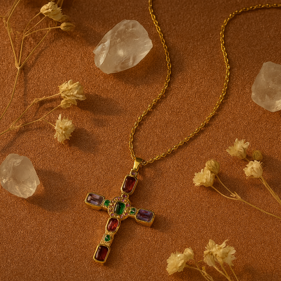 Collier croix en or avec pierres précieuses. bracelet doré Maison Argÿel pour femme.