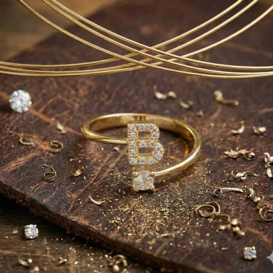 B ring with diamonds on a brown surface; Maison Argÿel