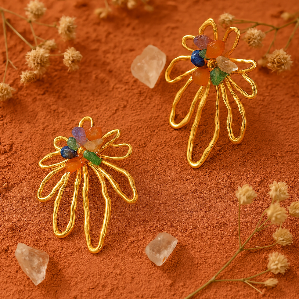 Boucles d'oreilles dorées avec pierres précieuses colorées sur fond terracotta Maison Argÿel