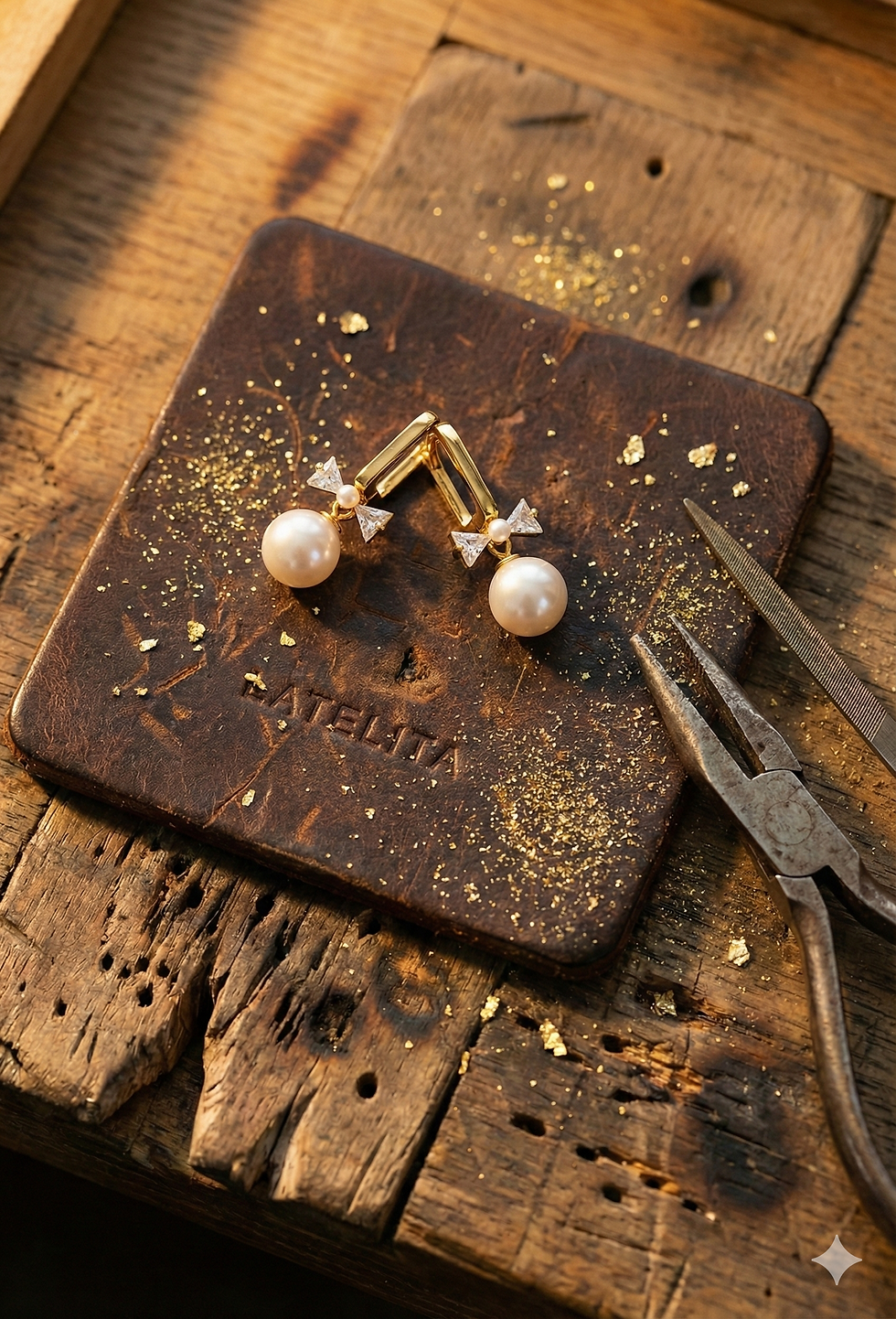 Boucles d'oreilles perles et nœuds, texte SATELITA, sur un fond artisanal Maison Argÿel.