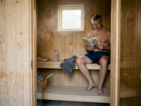 En mand sidder hjemme i sin infrarøde sauna og fordyber sig i en god bog.