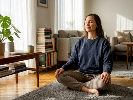 En kvinde fordyber sig i mindfulness i sin hyggelige stue