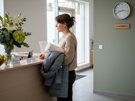 En gæst træder ind og bliver budt velkommen i spaens reception.