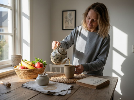 En kvinde starter dagen roligt med en kop te for at få en god begyndelse.