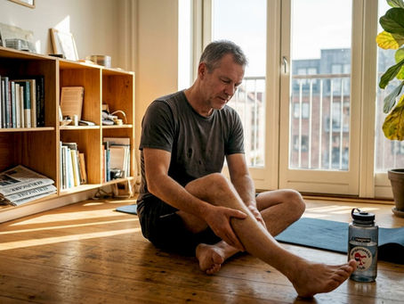 En mand giver sig selv massage derhjemme