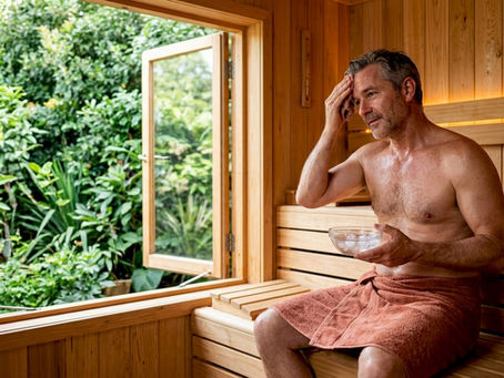 En mand slapper af i en infrarød sauna med et glas vand i hånden.