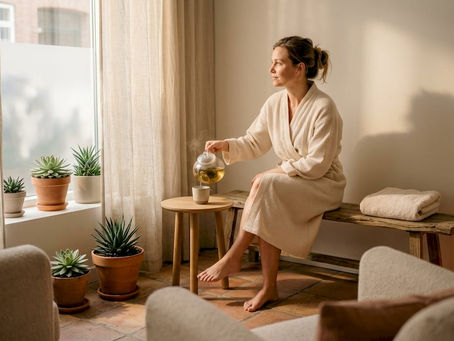 Kvinde nyder en kop urtete i afslappende omgivelser på et wellness-center.