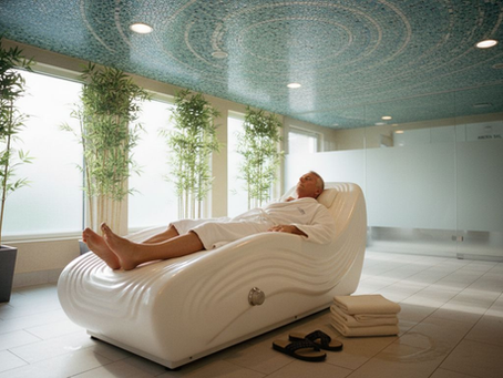 En mand nyder en afslappende stund på en spabænk med hydromassage.