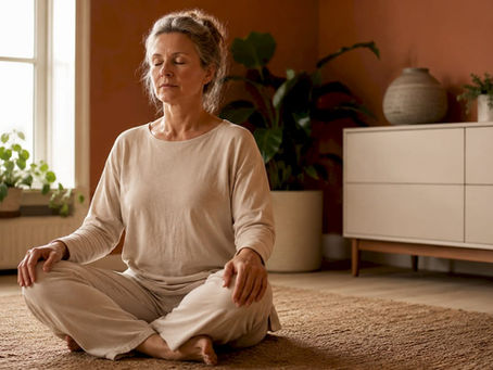 Kvinde sidder ved sit skrivebord og øver sig i mindfulness
