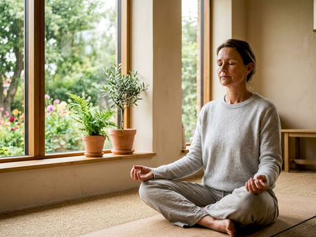 En kvinde sidder og mediterer i et roligt og indbydende wellnessrum, hvor der er plads til fordybelse og velvære.