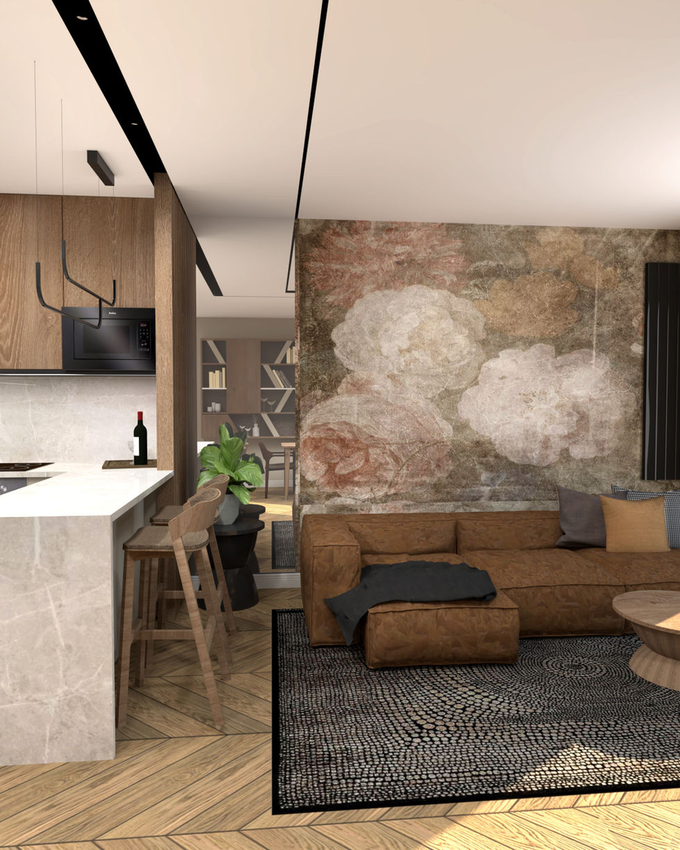 Wizualizacja salon z aneksem kuchennym