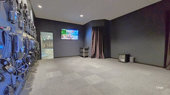 large room with carpet and a wall of virtual accessories