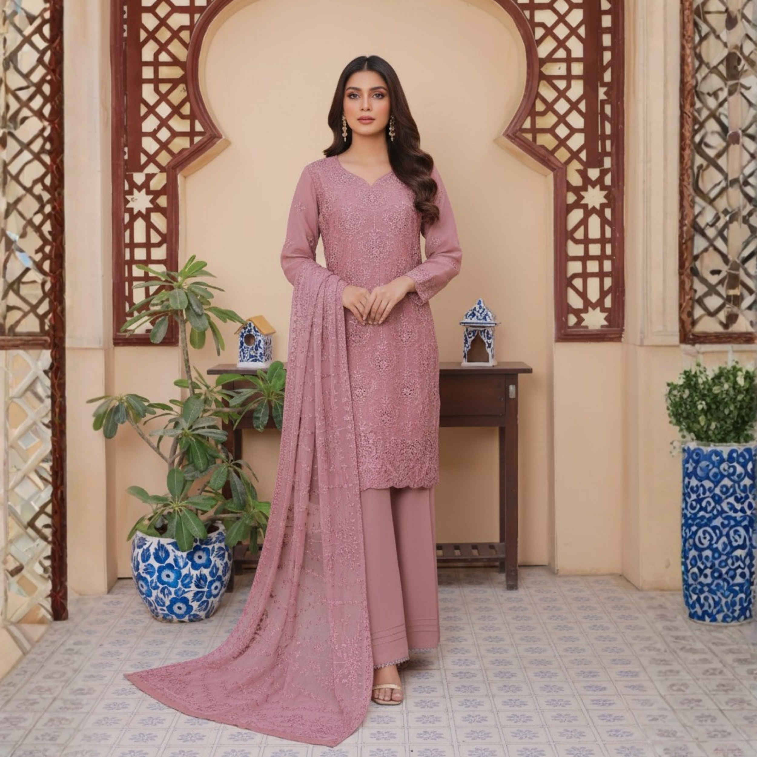 R-14 Luxury 3 Pc Embroidered Chiffon Dress by Rivaaj Ethnic Elegance