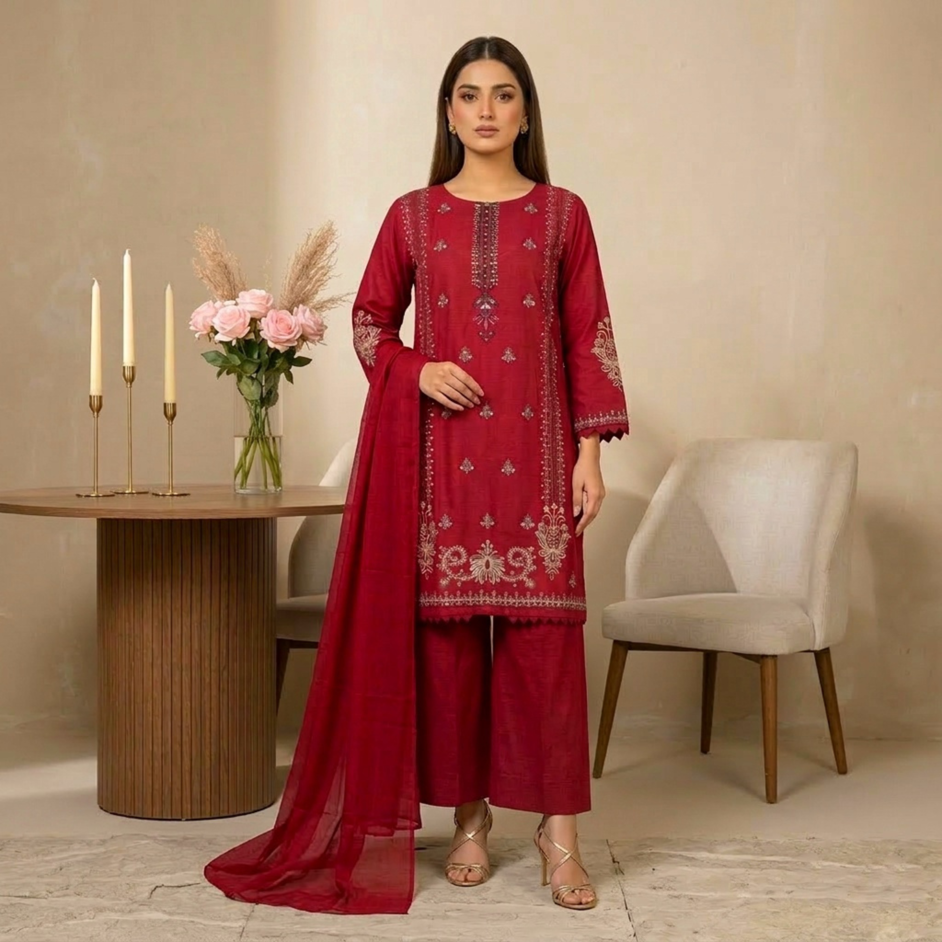 RA-36 2 Piece Embroidered Suit Set Silky Soft collection Womenswear