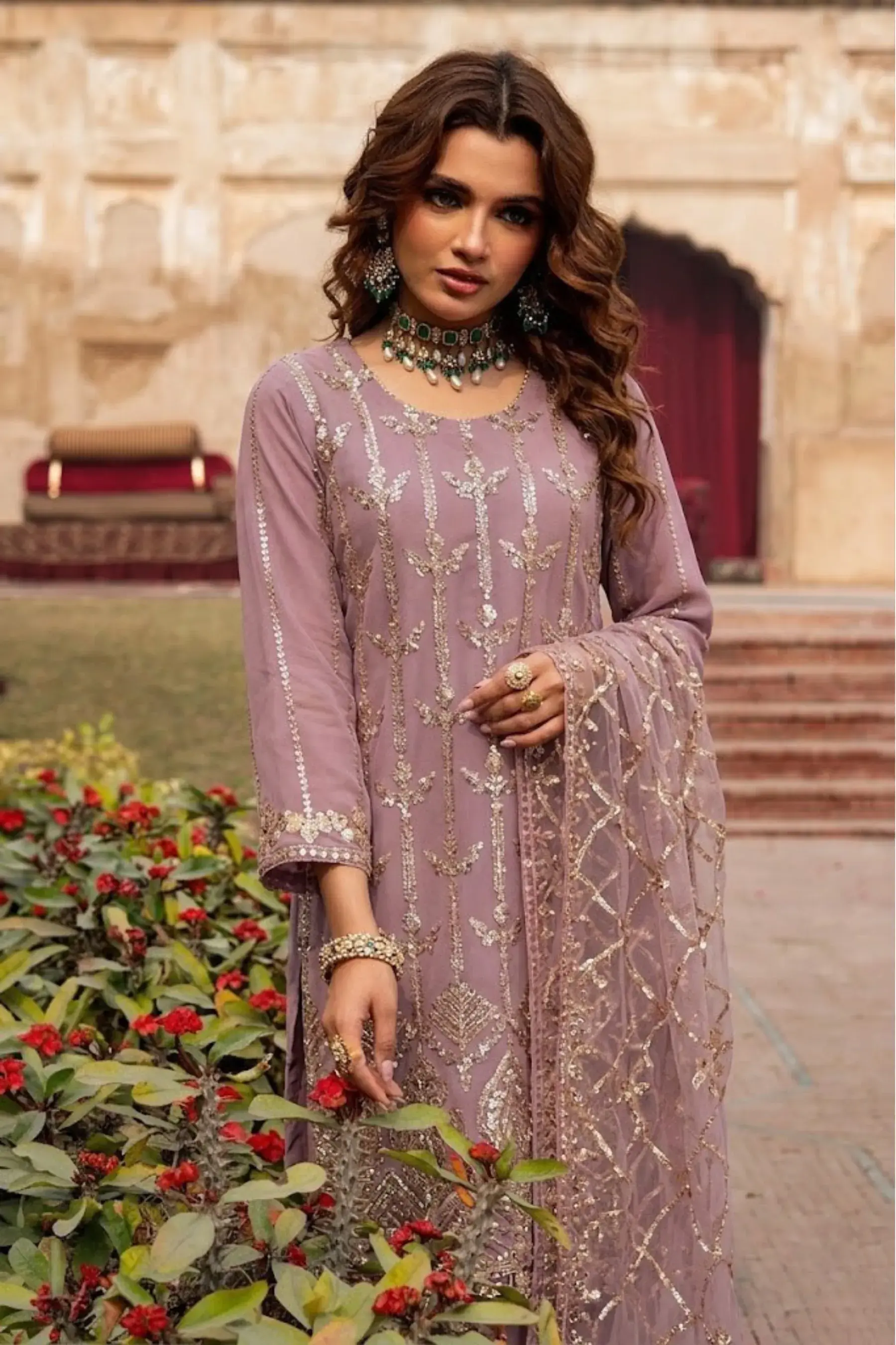 RA-57 3-Piece Embroidered Net Suit - Formal Evening Wear 