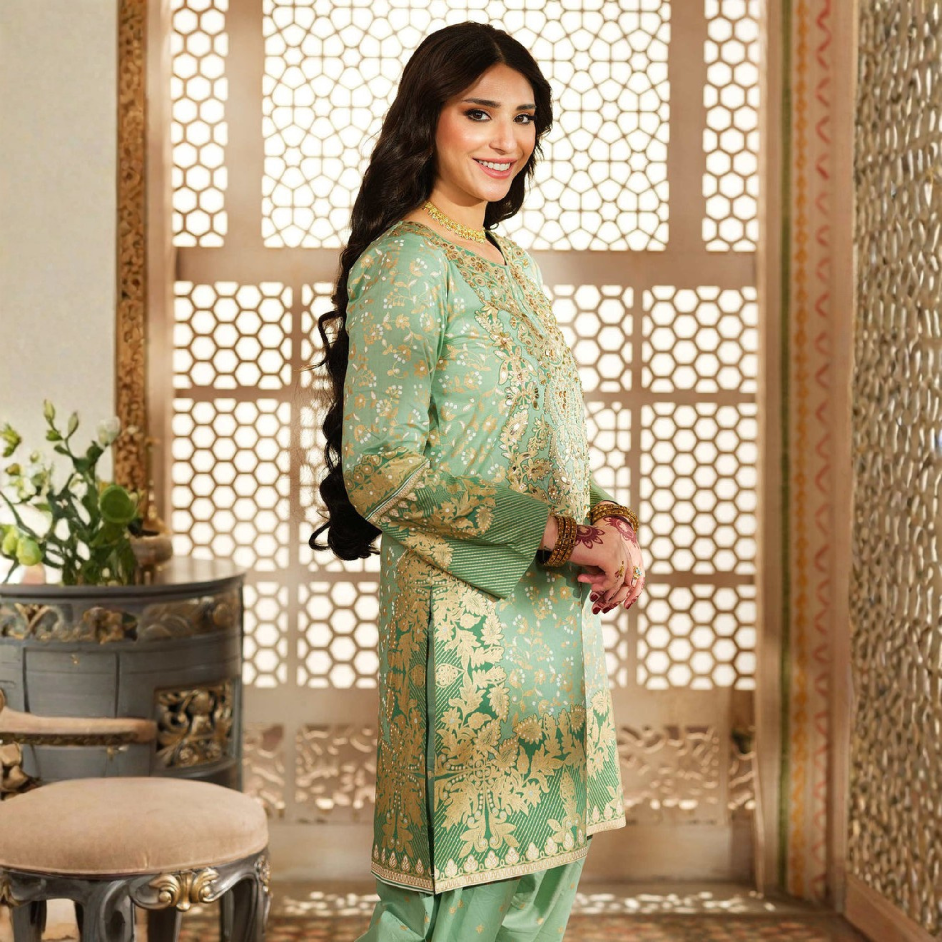 R-32 Luxury 3 Pc Embroidered Farshi Shalwar Lawn Suit Elegant Festive & Eid Wear