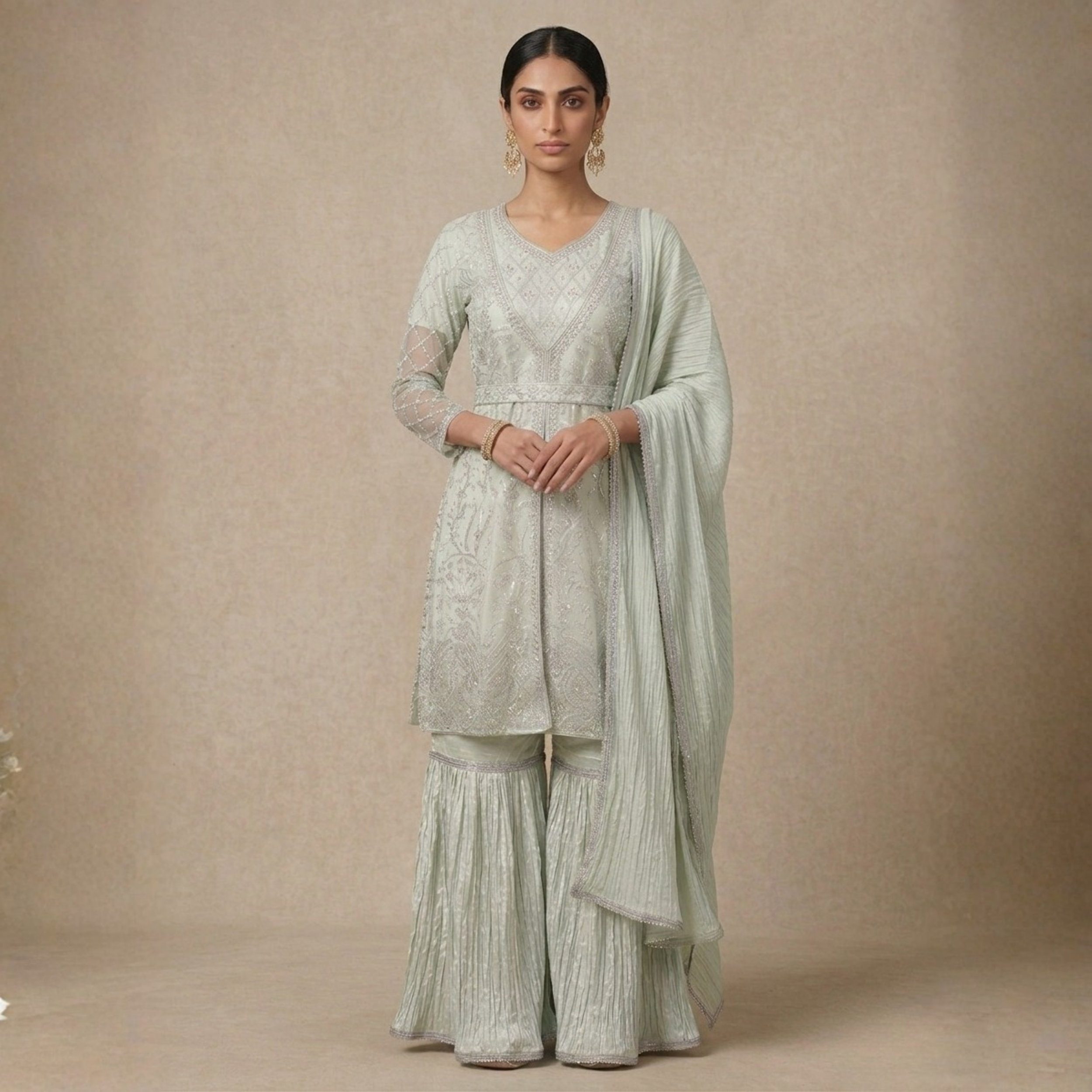 R-25 Embroidered Net 3PC with Crushed Gharara Festive Wedding Wear Rivaaj