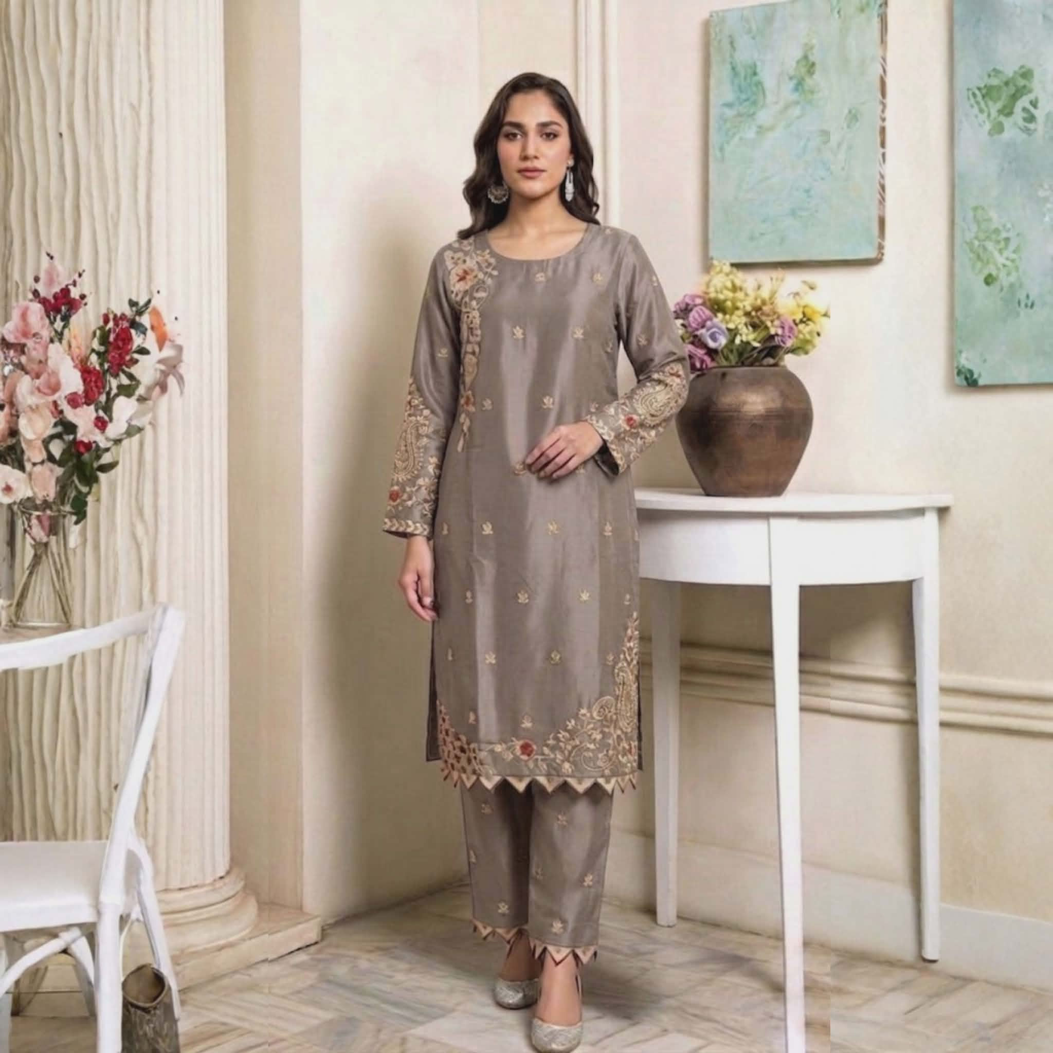 RA-36 2 Piece Embroidered Suit Set Silky Soft collection Womenswear