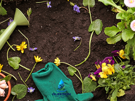 flatlay of gardening items like flowers, gloves and a watering can on soil