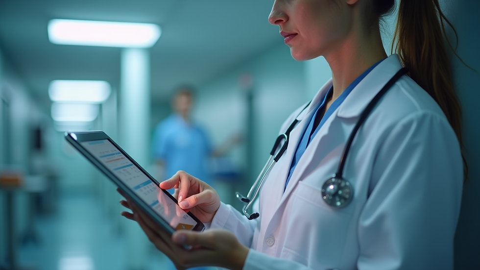 Eye-level view of a healthcare provider reviewing patient data on a tablet