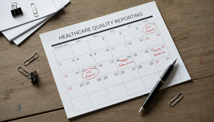 Overhead view of a printed calendar with marked healthcare reporting dates