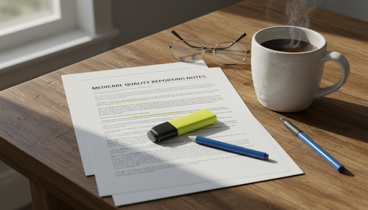 Eye-level view of printed Medicare quality reporting notes on a kitchen table