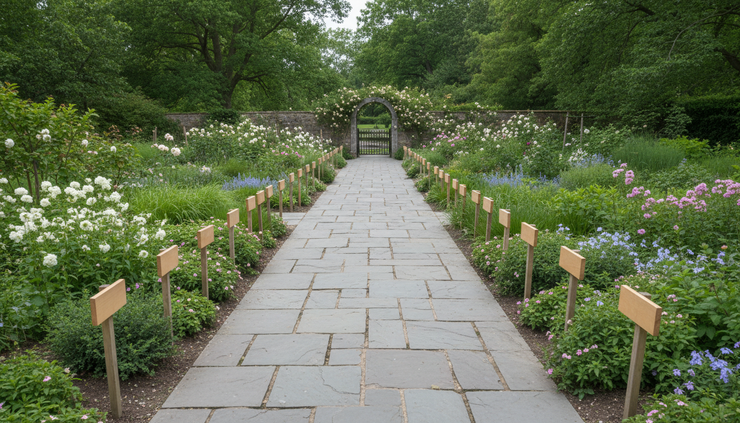 Wide-angle view of a neat path through a quiet garden with small signs along the way