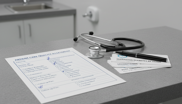 Close-up of a paper quality checklist beside a stethoscope and patient education cards.