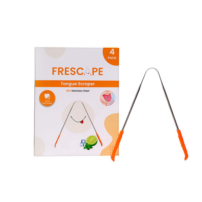 Tongue scraper packaging box with accessories displayed on black background