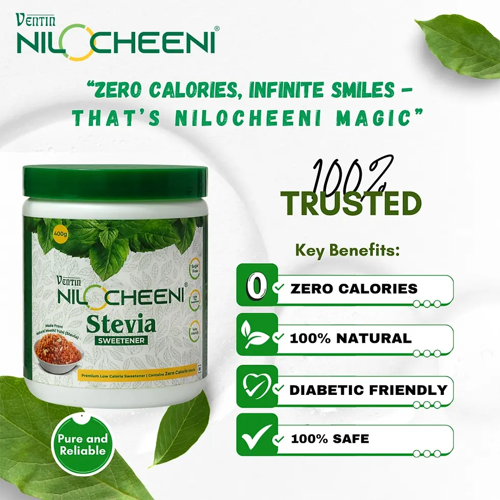 Natural stevia powder in spoon – zero calorie sweetener for baking and tea