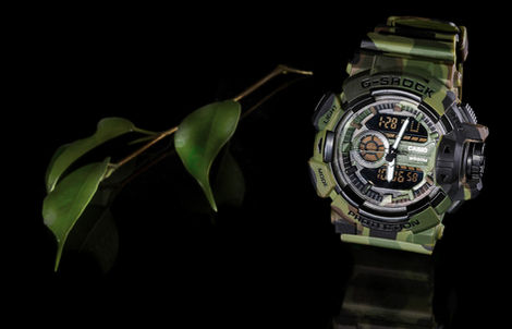 Camouflage sports watch photography on natural greenery background