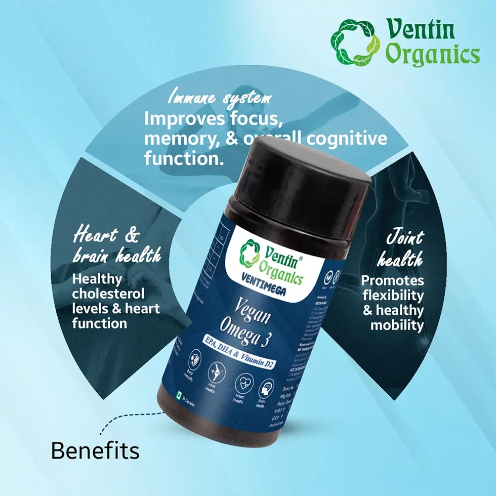 Infographic highlighting health benefits of vegan omega-3 capsules for heart, brain, and eye support