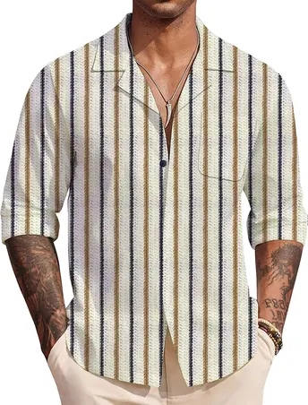 Striped cotton yarn-dyed crochet fabric, perfect for stylish men's and women's shirts.