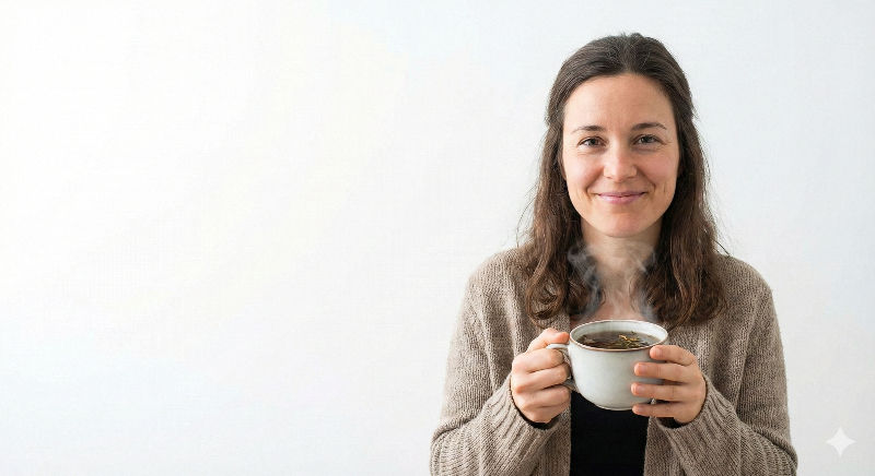 Steaming cup of herbal tea with fresh herbs