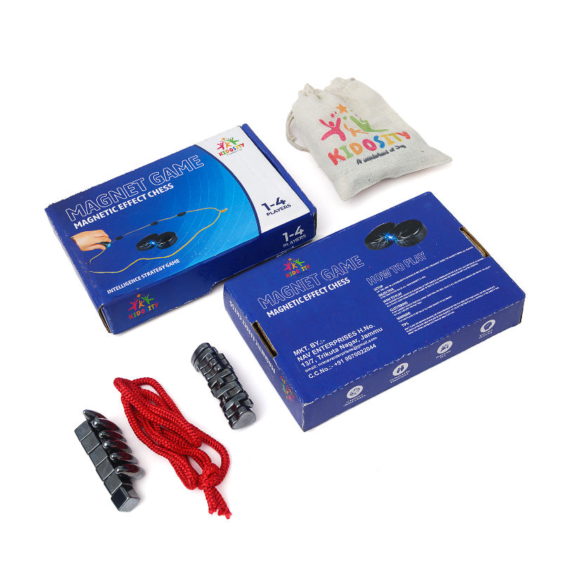 Magnet game set with blue boxes, red rope, and magnetic pieces on white background. Text reads "Magnet Game: Magnetic Effect Chess".